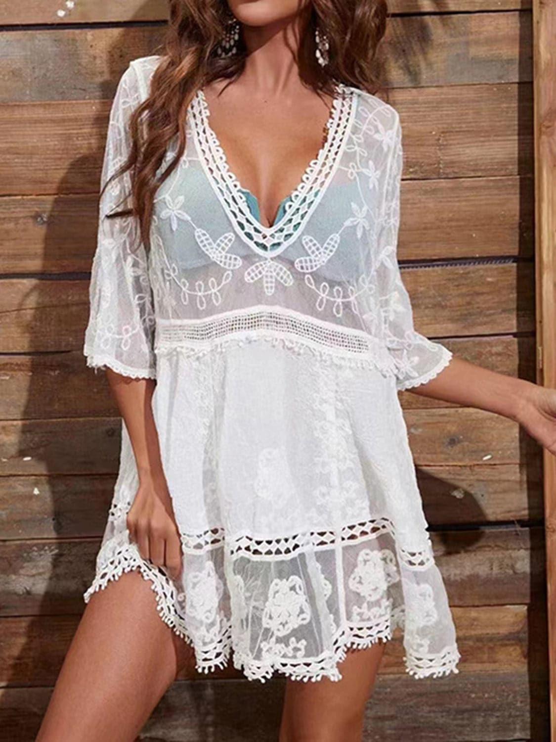 Andrea Lace Detail Plunge Cover-Up Dress - SwagglyLife Home & Fashion