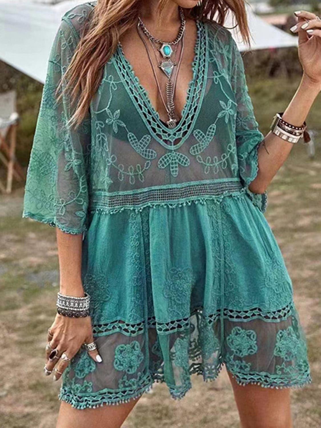 Andrea Lace Detail Plunge Cover-Up Dress - SwagglyLife Home & Fashion