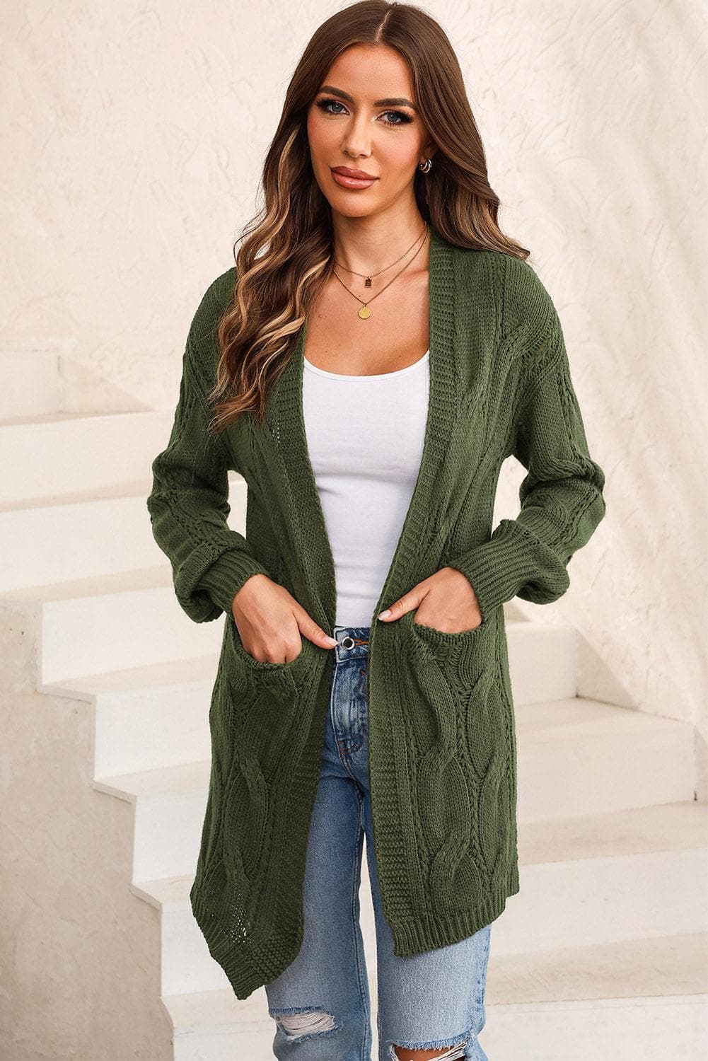 Angela Cable-Knit Dropped Shoulder Cardigan - SwagglyLife Home & Fashion