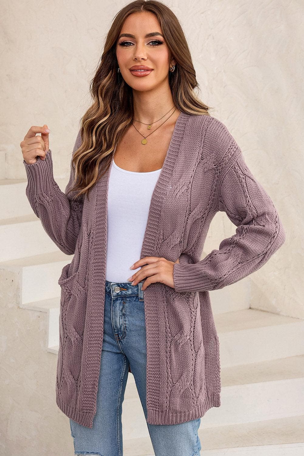 Angela Cable-Knit Dropped Shoulder Cardigan - SwagglyLife Home & Fashion