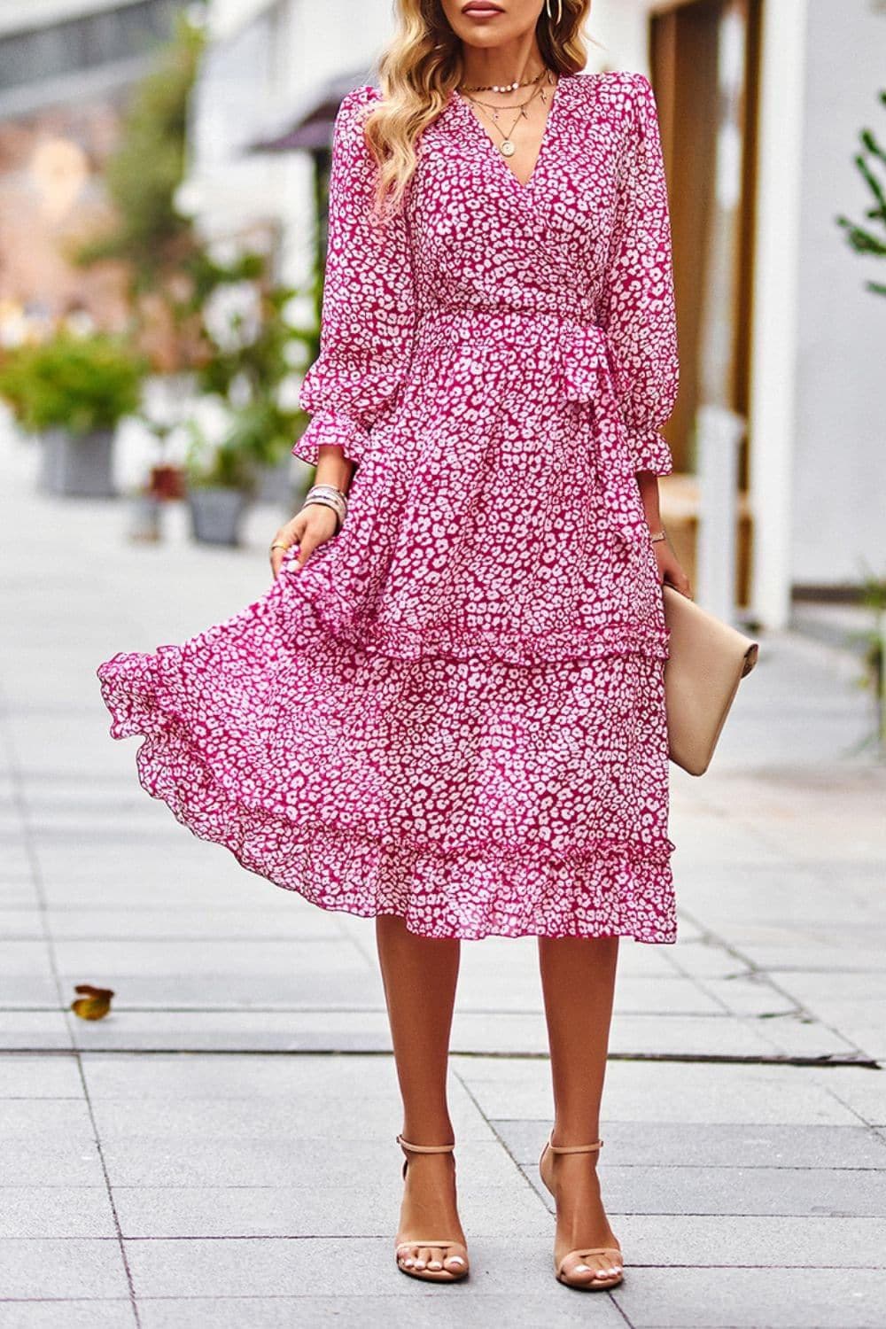Leopard Surplice Tie Belt Slit Dress - SwagglyLife Home & Fashion