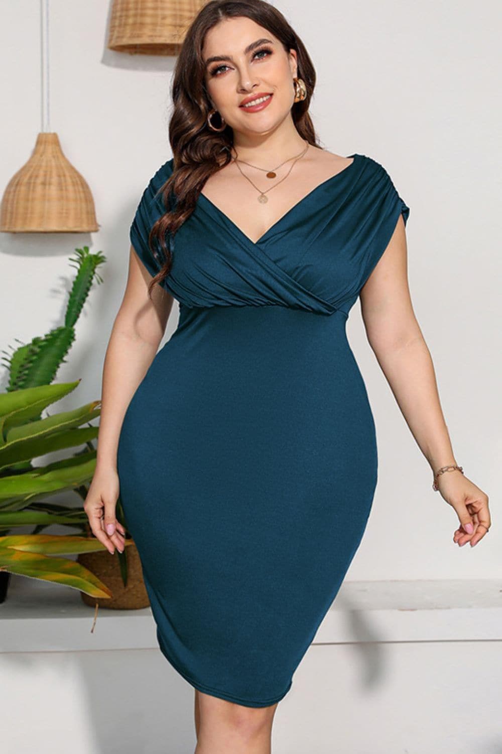 Plus Size Ruched V-Neck Dress - SwagglyLife Home & Fashion
