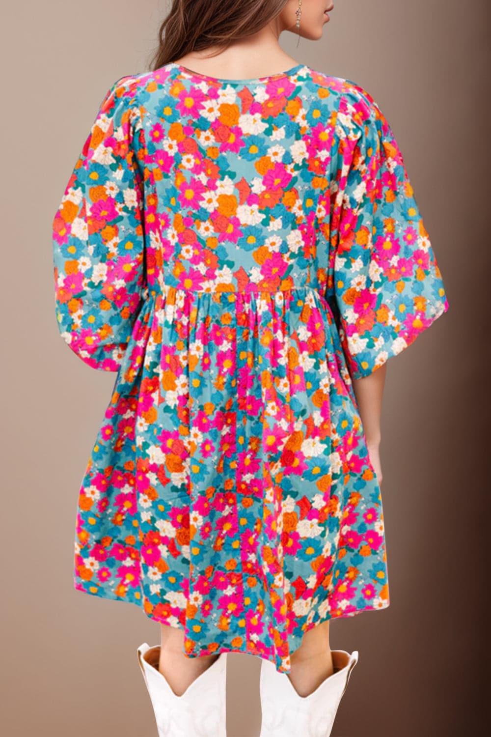Aria Floral Tie Neck Puff Sleeve Mini Dress - SwagglyLife Home & Fashion