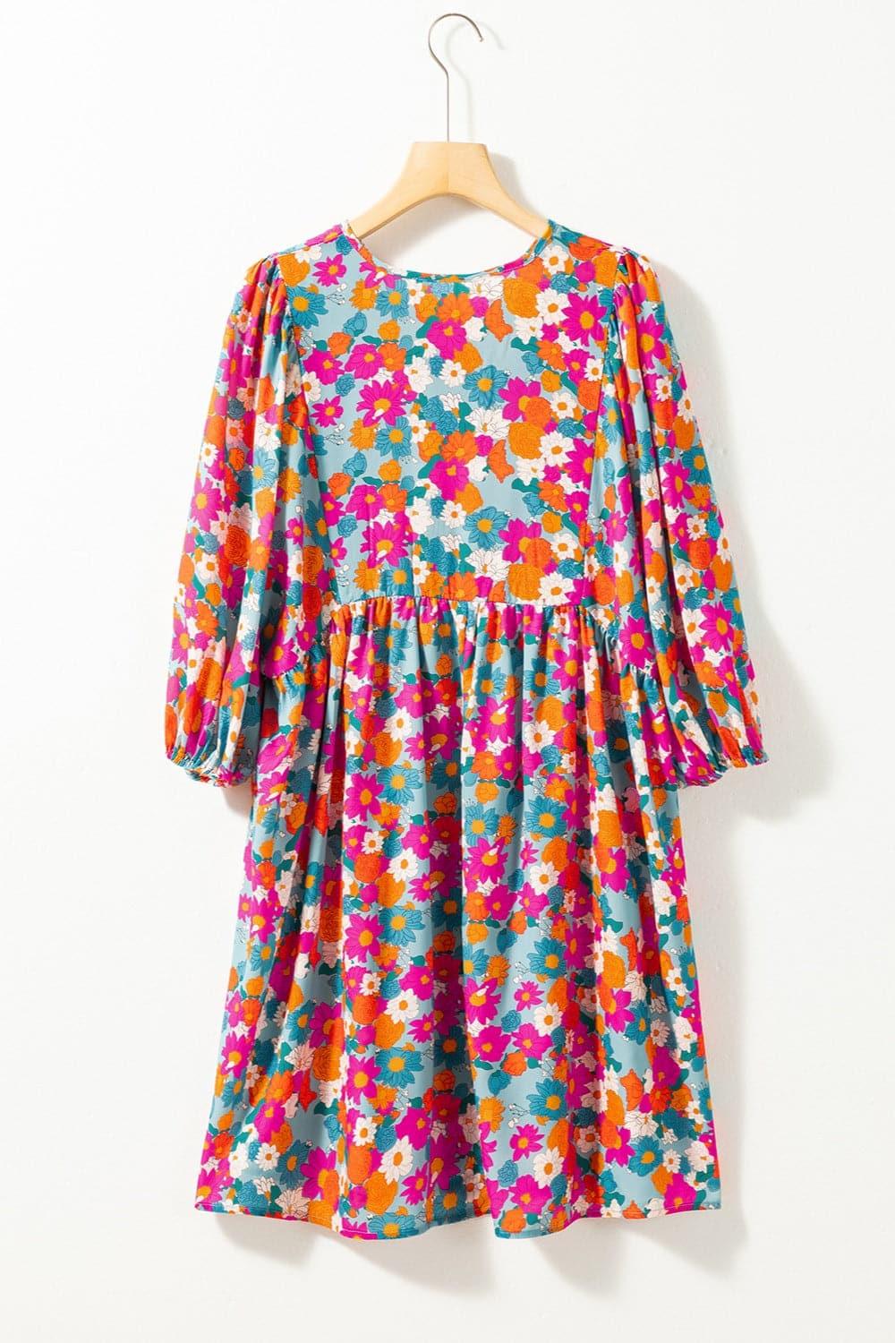 Aria Floral Tie Neck Puff Sleeve Mini Dress - SwagglyLife Home & Fashion