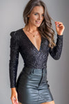 Aria Sequin V-Neck Long Sleeve Bodysuit - SwagglyLife Home & Fashion