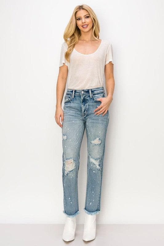 ARTEMIS VINTAGE High Rise Distressed Straight with Fray Hem Jeans - SwagglyLife Home & Fashion