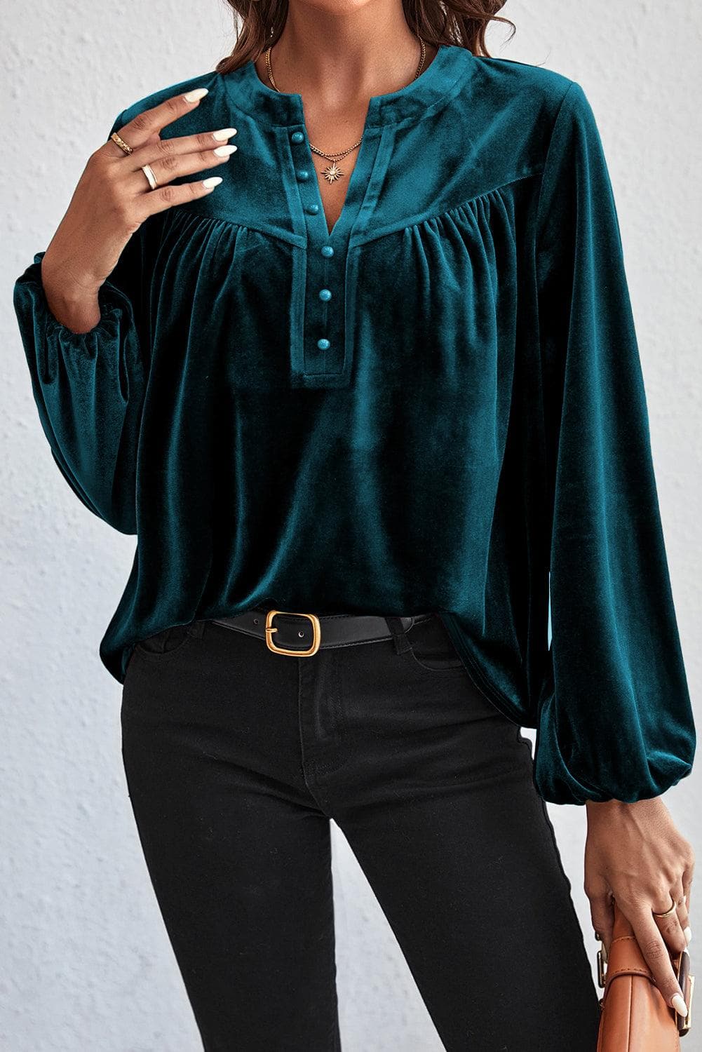 Ashley Ruched Decorative Button Notched Blouse - SwagglyLife Home & Fashion