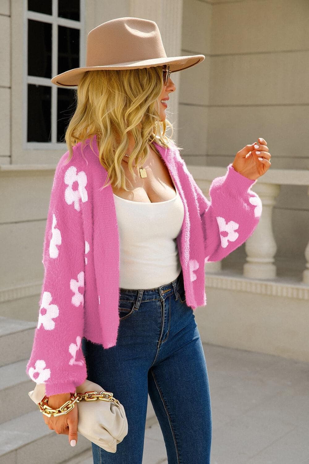 Floral Open Front Fuzzy Cardigan - SwagglyLife Home & Fashion