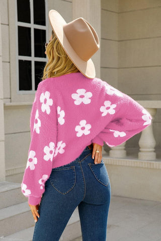 Floral Open Front Fuzzy Cardigan - SwagglyLife Home & Fashion