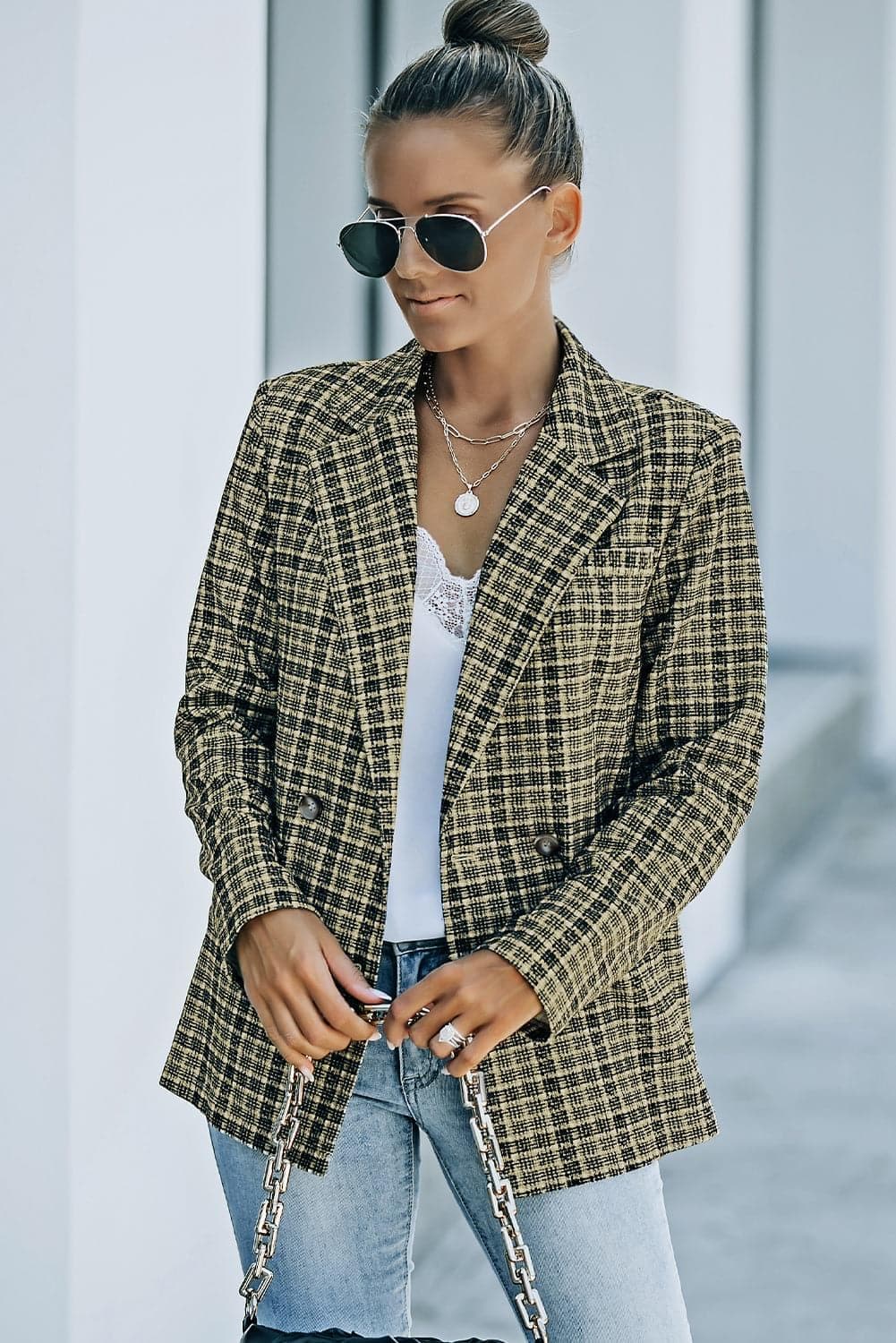 Ava Plaid Double-Breasted Long Sleeve Blazer - SwagglyLife Home & Fashion