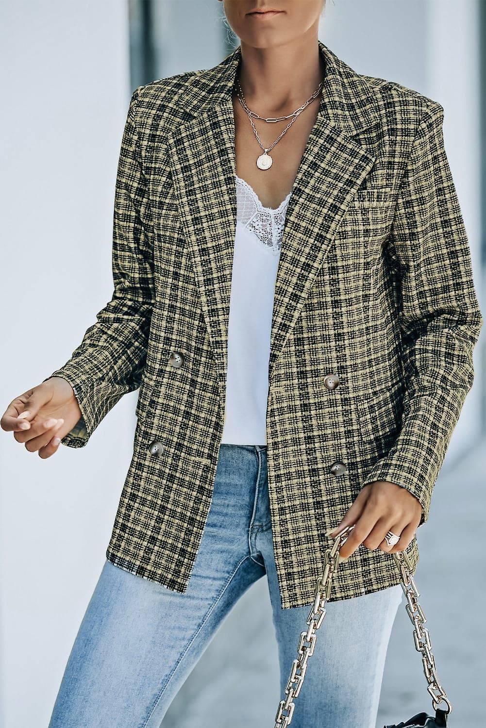 Ava Plaid Double-Breasted Long Sleeve Blazer - SwagglyLife Home & Fashion
