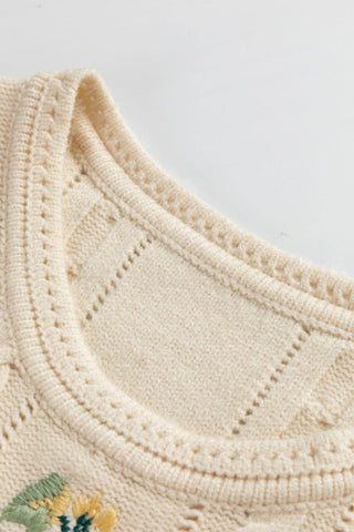 Embroidered Cable-Knit Round Neck Sweater Vest