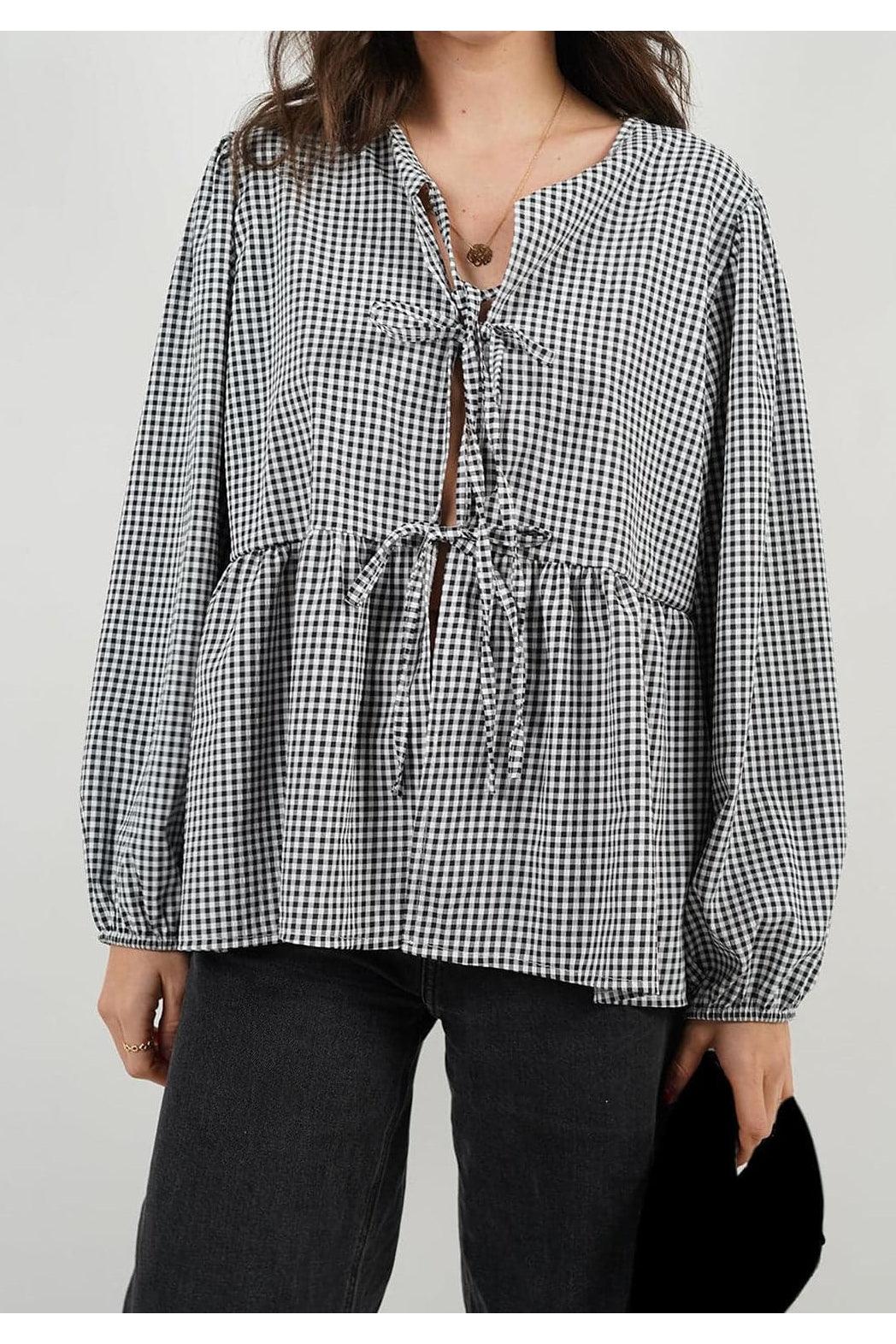 Susan Tied Round Neck Long Sleeve Blouse