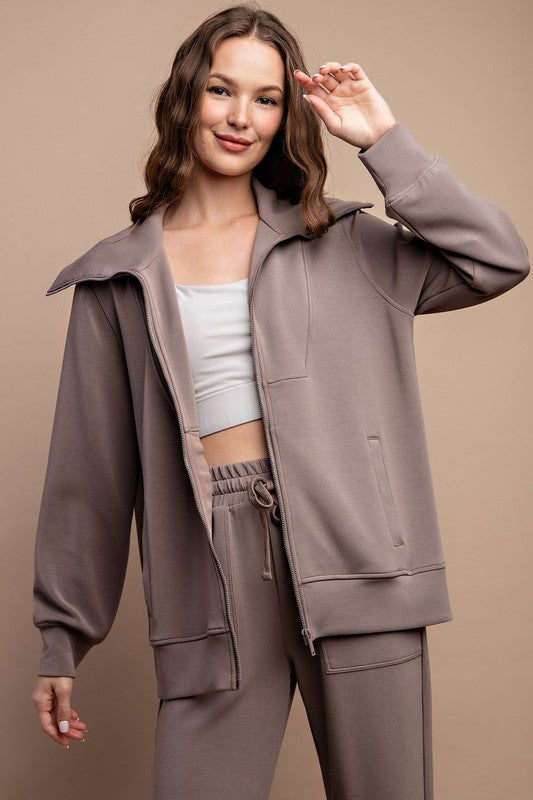 RAE MODE Modal Poly Full Zip Jacket in Mocha