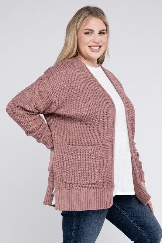 ZENANA Plus Low Gauge Waffle Open Cardigan Sweater - SwagglyLife Home & Fashion