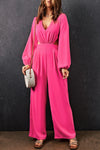 Balloon Sleeve Cutout Plunge Jumpsuit, Hot Pink - SwagglyLife Home & Fashion