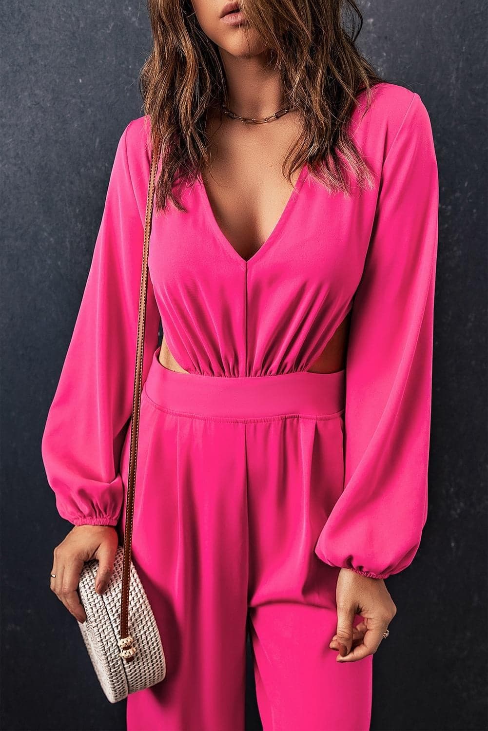 Balloon Sleeve Cutout Plunge Jumpsuit, Hot Pink - SwagglyLife Home & Fashion