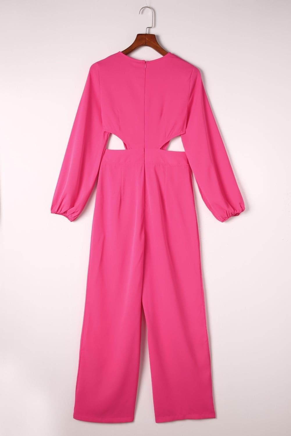 Balloon Sleeve Cutout Plunge Jumpsuit, Hot Pink - SwagglyLife Home & Fashion