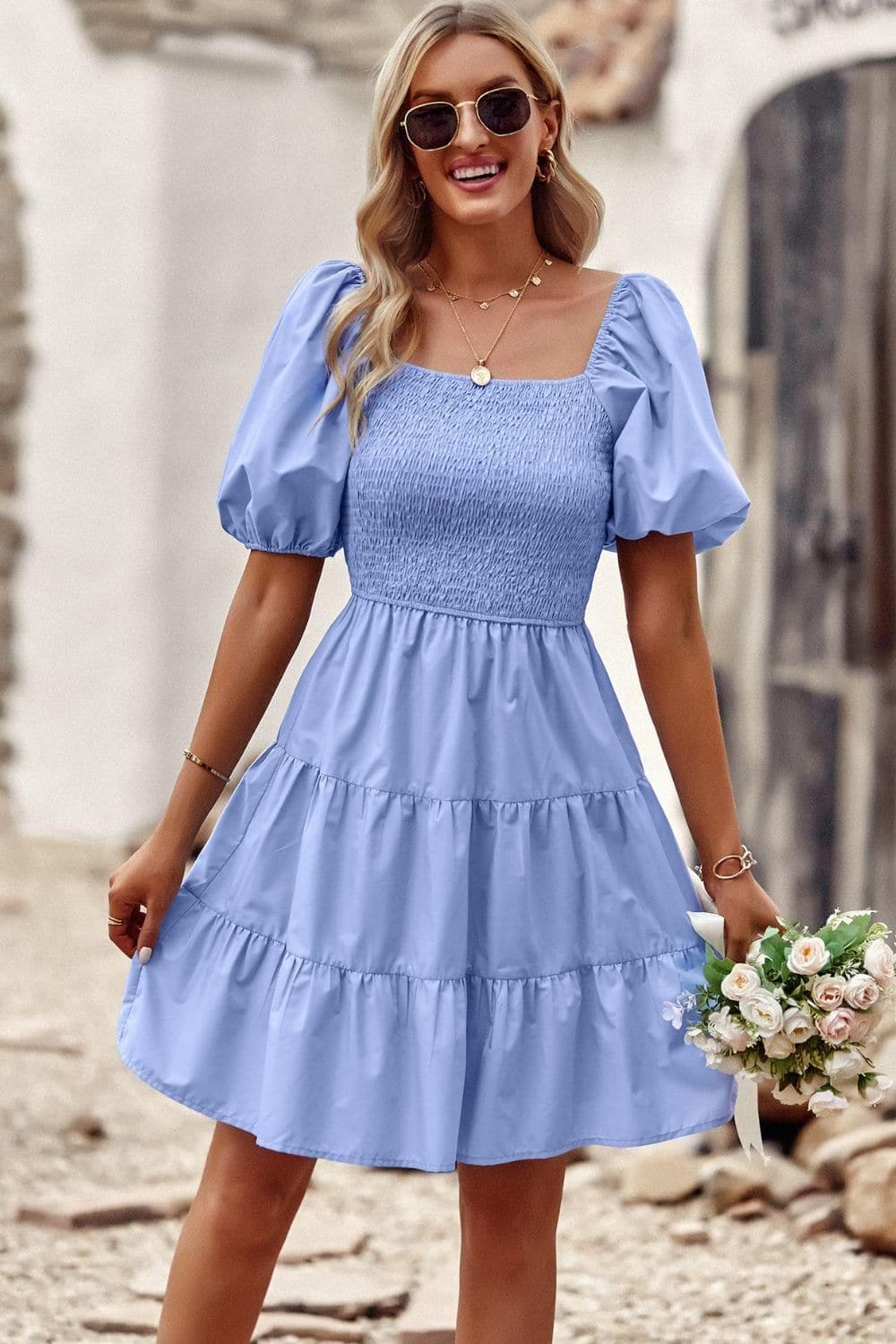 Balloon Sleeve Square Neck Smocked Midi Dress, Multiple Colors - SwagglyLife Home & Fashion
