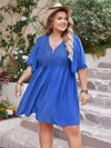 Barefoot Blue PLUS Openwork Button Up V-Neck Short Sleeve Dress - SwagglyLife Home & Fashion