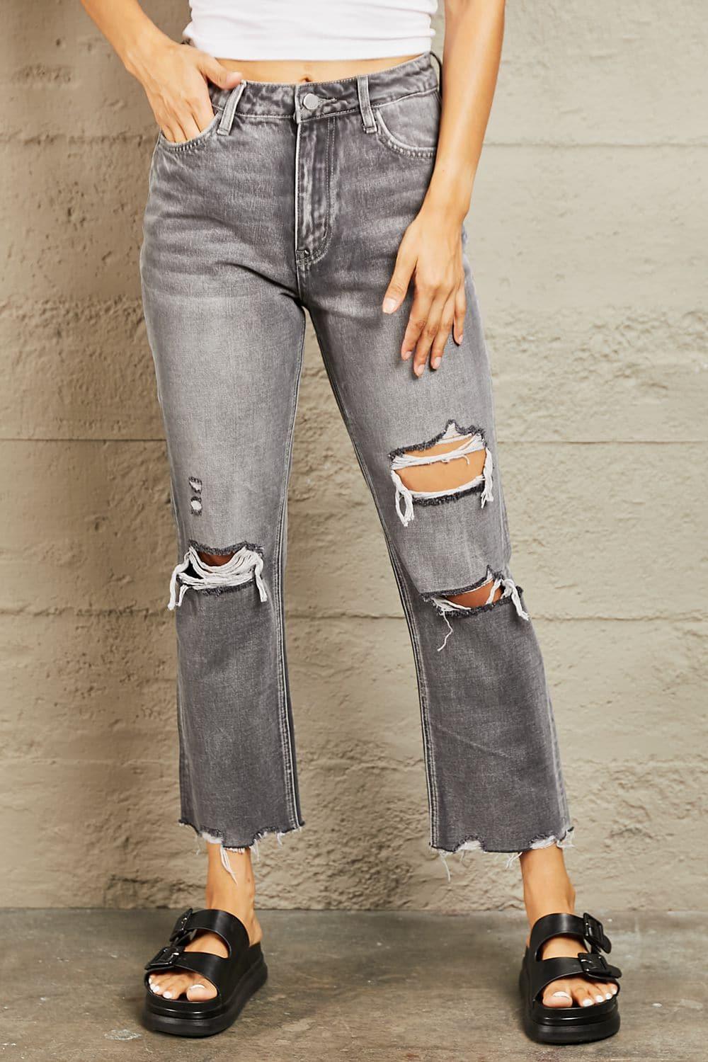 BAYEAS Mid Rise Distressed Cropped Dad Jeans, Heather Gray - SwagglyLife Home & Fashion