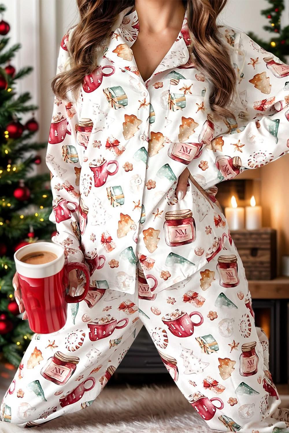 Cozy Printed Collared Neck Top and Pants Lounge Set