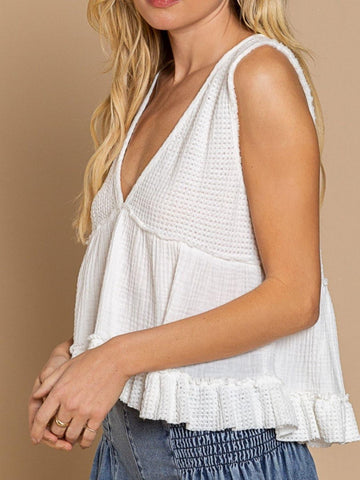 Becca Waffle-Knit Frill V-Neck Tank - SwagglyLife Home & Fashion