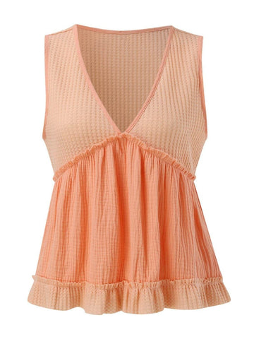 Becca Waffle-Knit Frill V-Neck Tank - SwagglyLife Home & Fashion