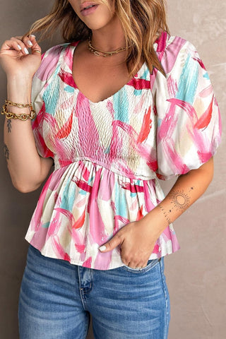 Belle Printed V-Neck Babydoll Blouse - SwagglyLife Home & Fashion