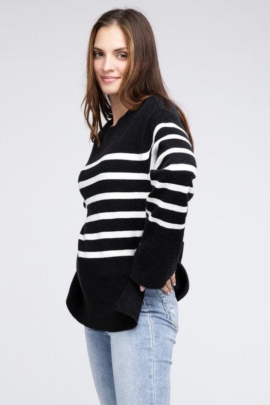 Callie Ribbed Hem Stripe Sweater - SwagglyLife Home & Fashion