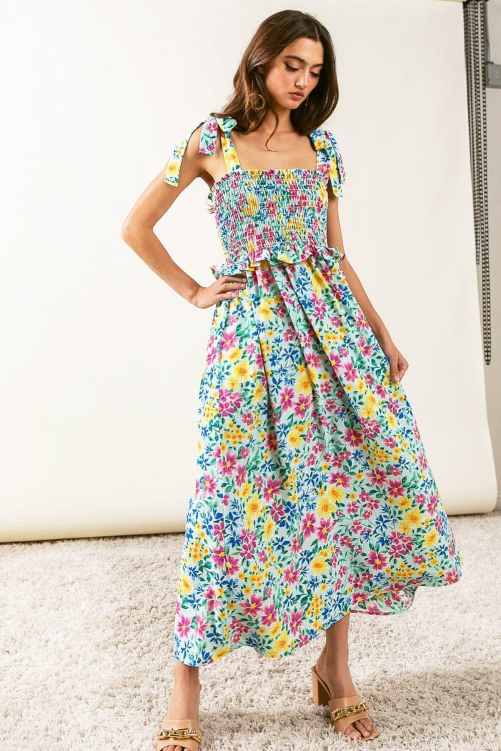 BiBi Floral Ruffle Trim Smocked Cami Dress - SwagglyLife Home & Fashion