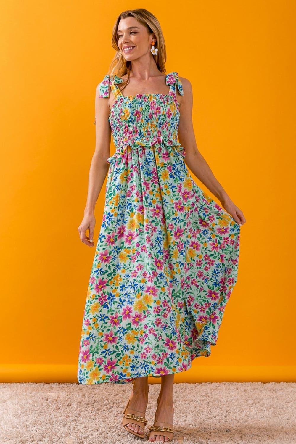 BiBi Floral Ruffle Trim Smocked Cami Dress - SwagglyLife Home & Fashion