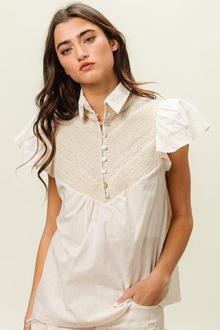 BiBi Half Button Collared Neck Short Sleeve Top - SwagglyLife Home & Fashion