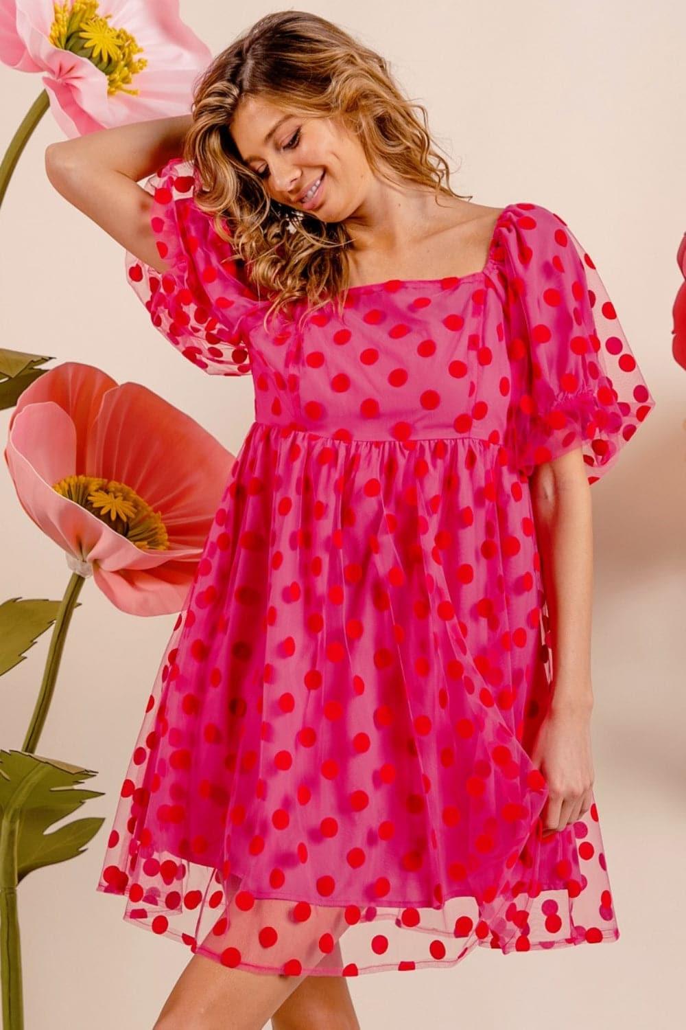 BiBi Polka Dot Mesh Puff Sleeve Dress - SwagglyLife Home & Fashion
