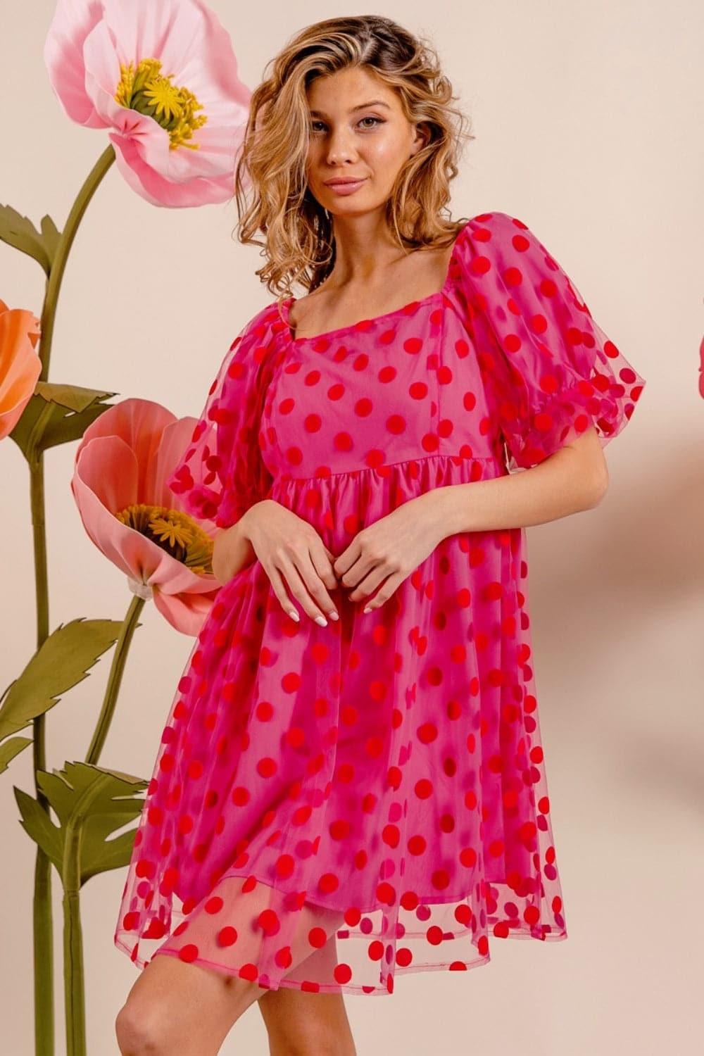 BiBi Polka Dot Mesh Puff Sleeve Dress - SwagglyLife Home & Fashion