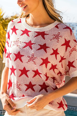 BiBi Star Pattern Round Neck Short Sleeve Knit Top - SwagglyLife Home & Fashion