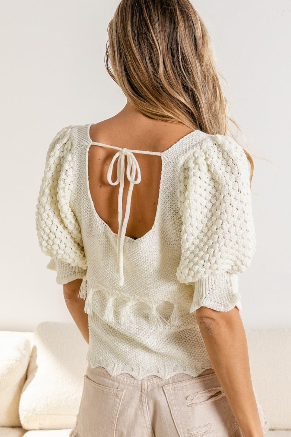 BiBi Tassel Detail Textured Square Neck Sweater - SwagglyLife Home & Fashion
