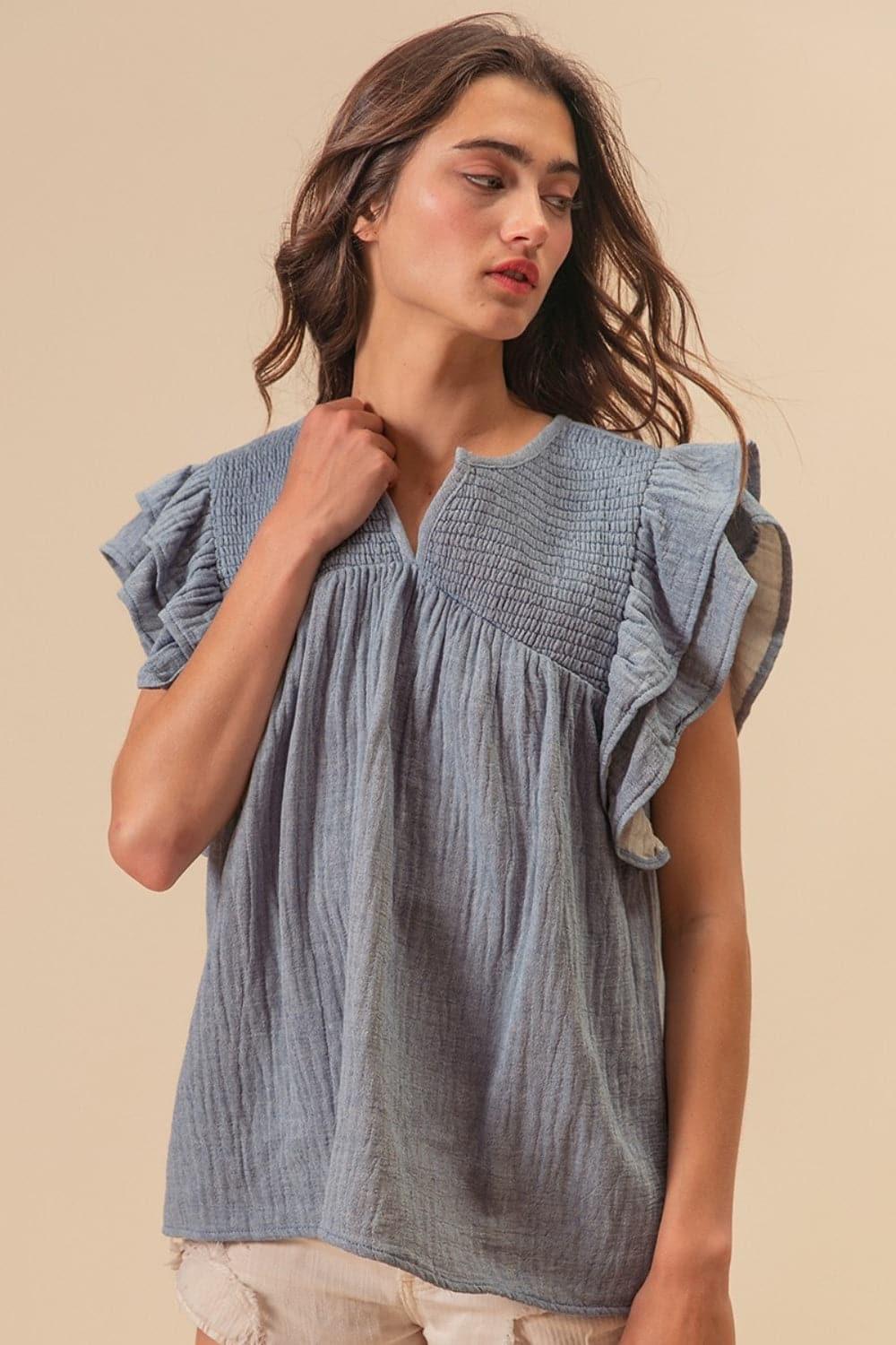 BiBi Textured Ruffled Smocked Blouse - SwagglyLife Home & Fashion