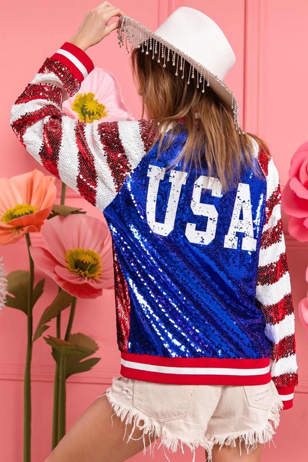 BiBi US Flag Theme Color Block Sequin Bomber Jacket - SwagglyLife Home & Fashion