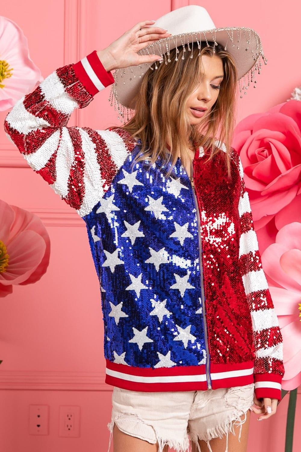 BiBi US Flag Theme Color Block Sequin Bomber Jacket - SwagglyLife Home & Fashion