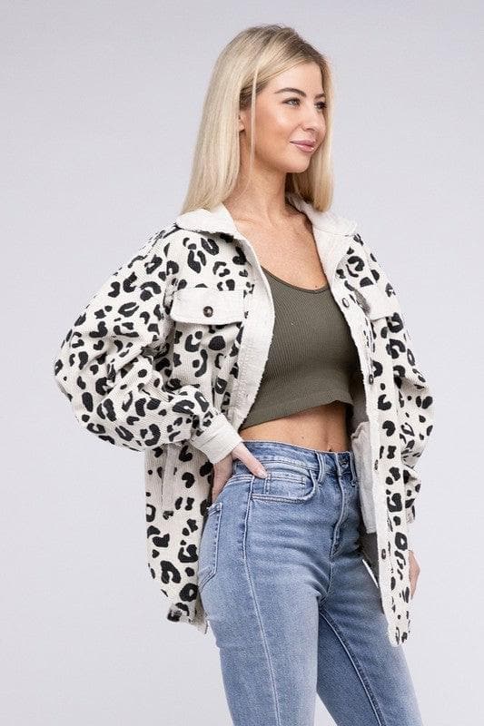 BiBi Vintage Washed Leopard Corduroy Buttoned Jacket - SwagglyLife Home & Fashion