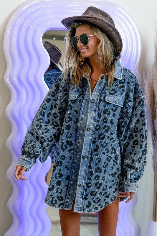 BiBi Vintage Washed Leopard Corduroy Buttoned Jacket - SwagglyLife Home & Fashion