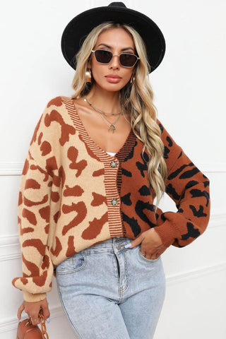 Leopard Button Front Ribbed Trim Cardigan - SwagglyLife Home & Fashion