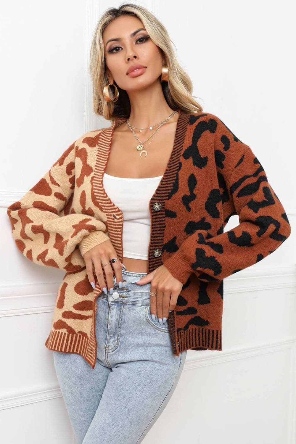 Leopard Button Front Ribbed Trim Cardigan - SwagglyLife Home & Fashion