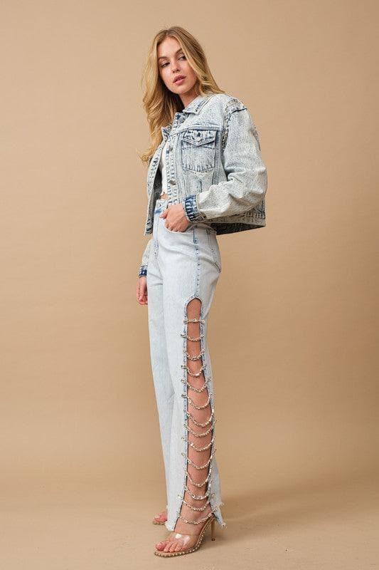 Blue B Cut Out At Side w/ Jewel Trim Stretch Denim Jeans - SwagglyLife Home & Fashion