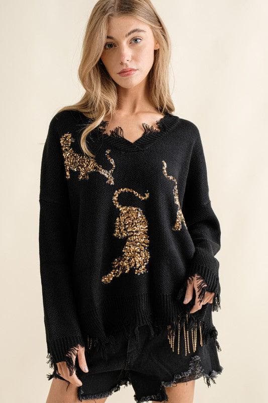 BLUE B Frayed Edge Sequin Tiger Sweater, 2 Colors - SwagglyLife Home & Fashion