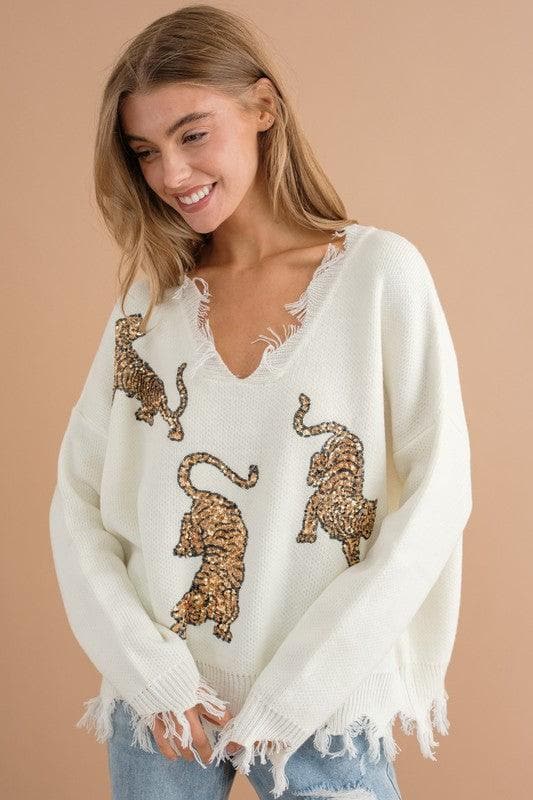 BLUE B Frayed Edge Sequin Tiger Sweater, 2 Colors - SwagglyLife Home & Fashion