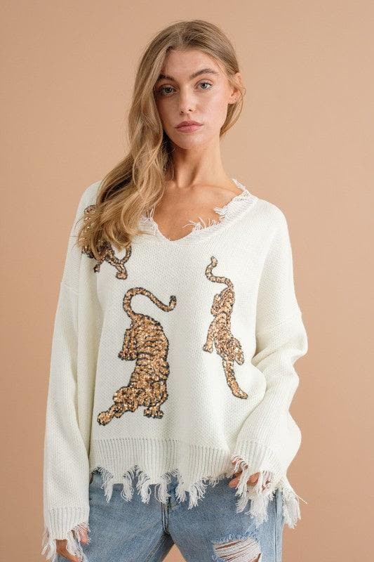 BLUE B Frayed Edge Sequin Tiger Sweater, 2 Colors - SwagglyLife Home & Fashion