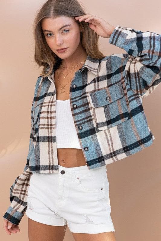 BLUE B Plaid Crop Shirt Jacket - SwagglyLife Home & Fashion