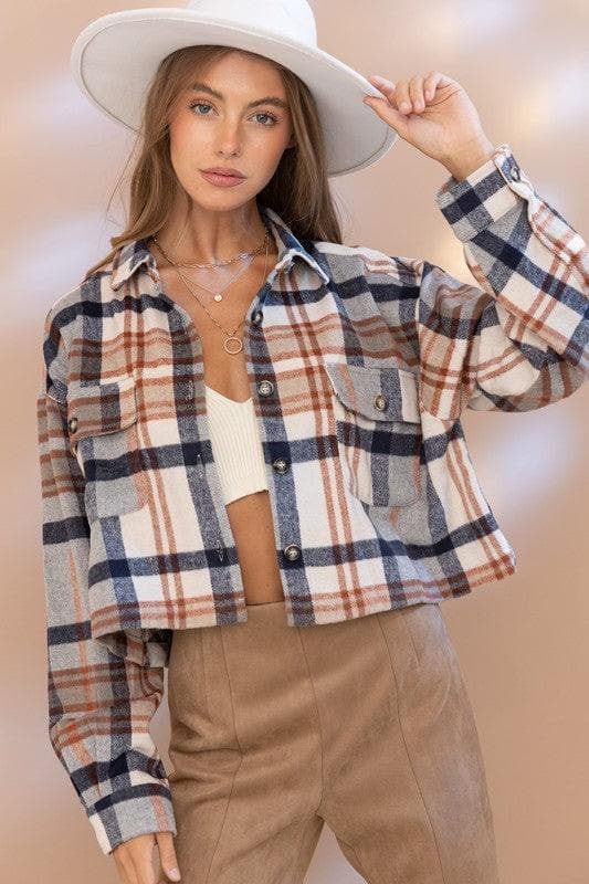 BLUE B Plaid Crop Shirt Jacket - SwagglyLife Home & Fashion